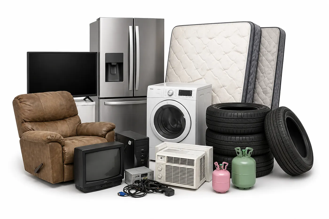 Junk removal service image showing furniture, boxes, bags, and household junk ready for pickup