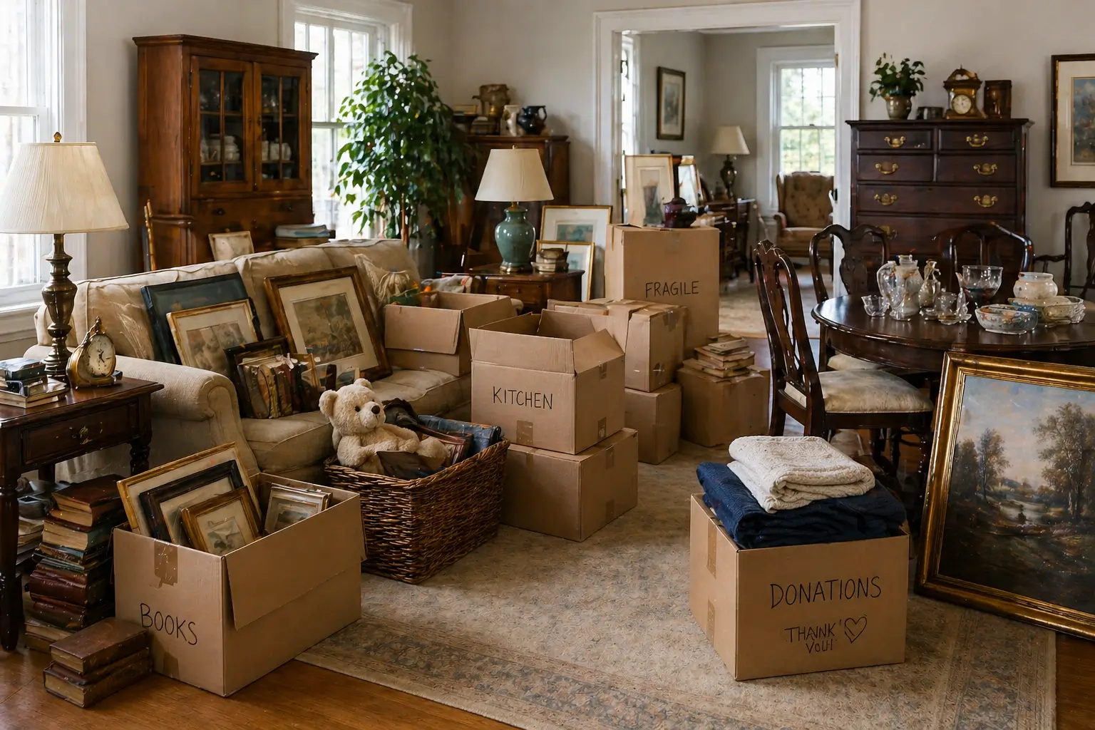 Estate cleanout service image showing a lived-in home interior with antique furniture, boxes, and personal items during a property transition