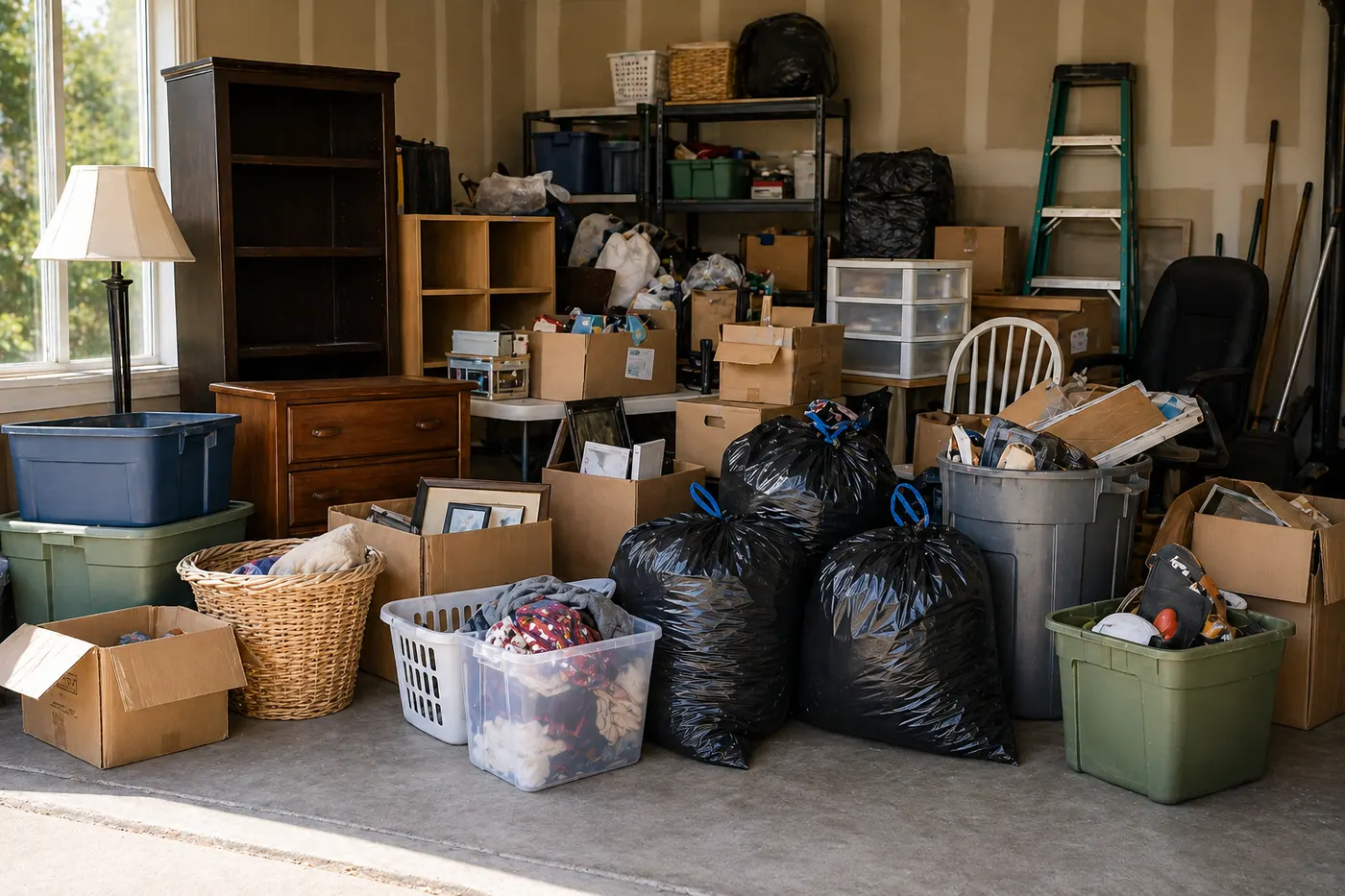 Garage and basement cleanout service image showing a cluttered storage area with boxes, bins, and tools